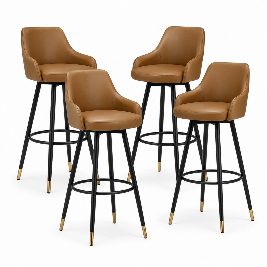 Set 4 sgabelli da bar con braccioli marrone in pelle PU e acciaio 95 x 52 x 54 cm