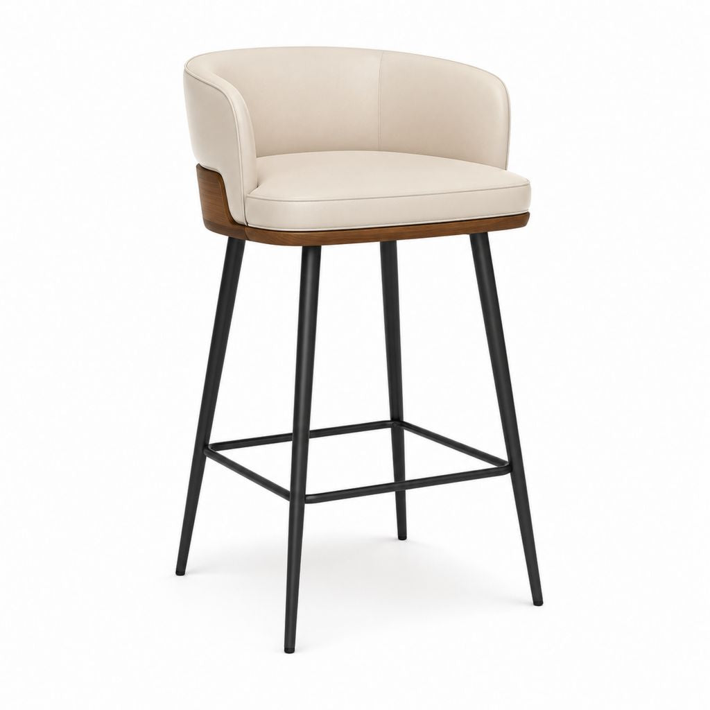 Sgabello da bar con schienale avvolgente beige in PU e impiallacciatura di noce 55 x 53 x 102 cm