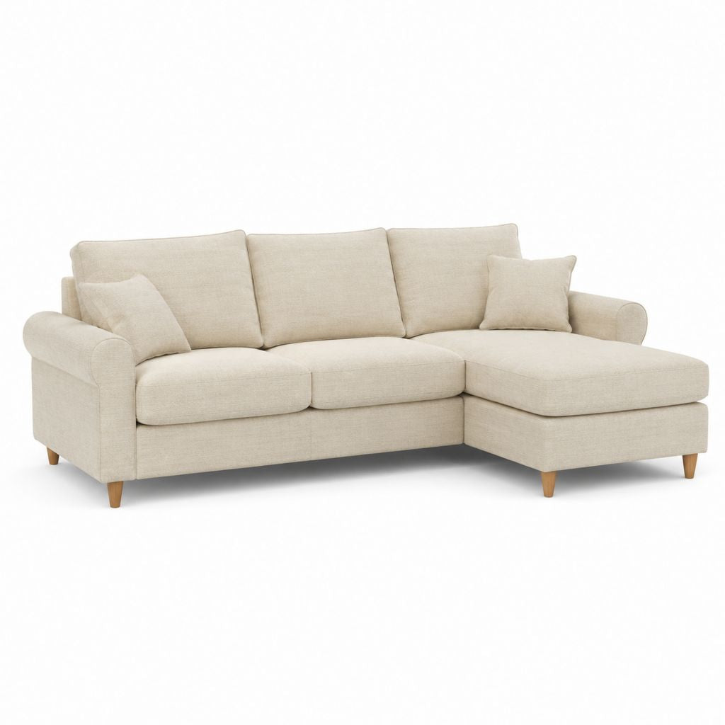 Divano angolare 3 posti con chaise longue destra beige in poliestere 230 x 150 x 85 cm