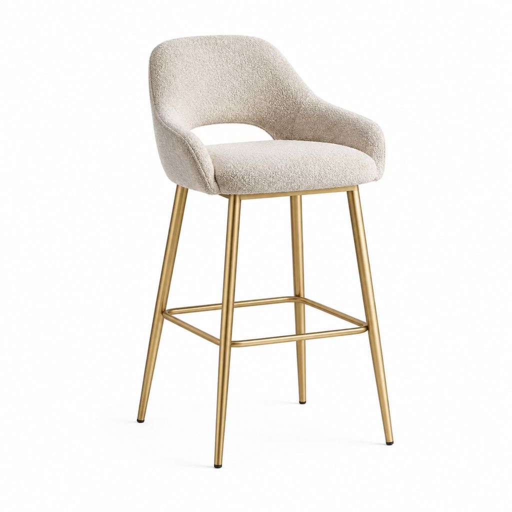 Sgabello da bar imbottito beige in poliestere bouclé con schienale curvo e struttura in acciaio dorato 54 x 56 x 100 cm
