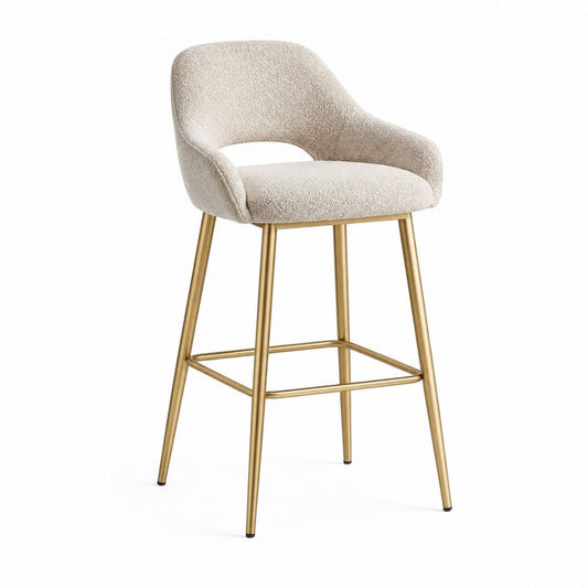 Sgabello da bar imbottito beige in poliestere bouclé con schienale curvo e struttura in acciaio dorato 54 x 56 x 100 cm