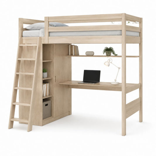 Letto a soppalco singolo rovere chiaro in truciolare nobilitato con scrivania e libreria 90 x 190 cm 199 x 135 x 180 cm
