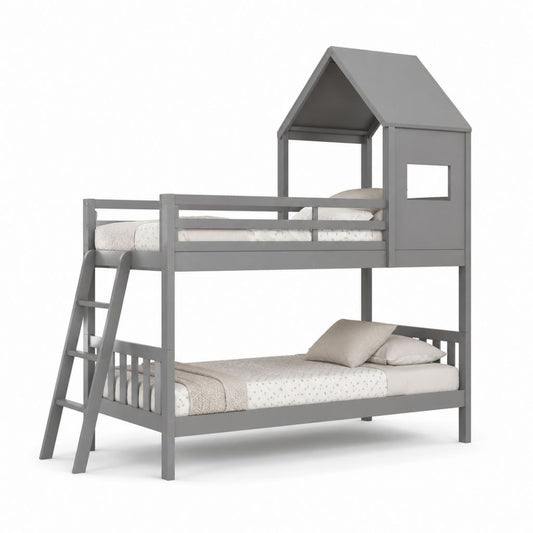 Letto a castello per bambini grigio in legno massello di pino a forma di casetta 210 x 130 x 230 cm