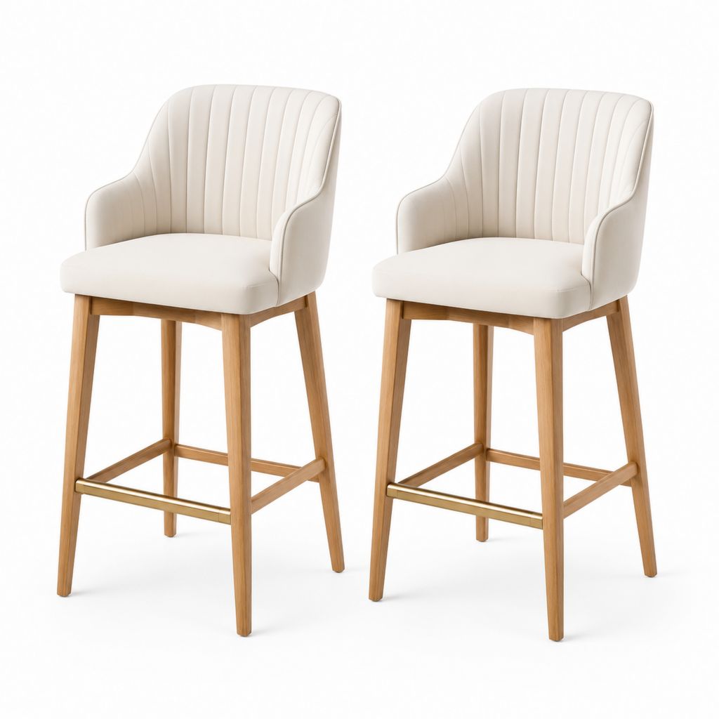 Set di 2 sgabelli da bar avorio in PU con gambe in legno massello e schienale curvo 52 x 55 x 102 cm