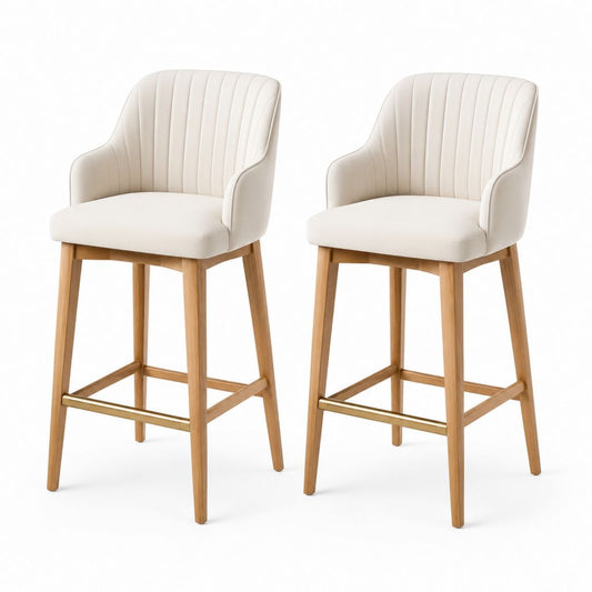 Set di 2 sgabelli da bar avorio in PU con gambe in legno massello e schienale curvo 52 x 55 x 102 cm