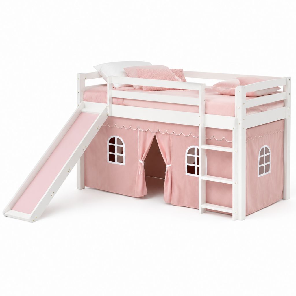 Letto a soppalco per bambini con scivolo e tenda casetta bianco rosa in pino massello rettangolare 208 x 96 x 110 cm