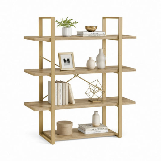 Libreria a 4 ripiani effetto rovere con struttura in acciaio dorato 120 x 35 x 160 cm