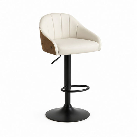 Sgabello da bar regolabile bianco in pelle PU con schienale curvo e base nera 55 x 52 x 95-117 cm