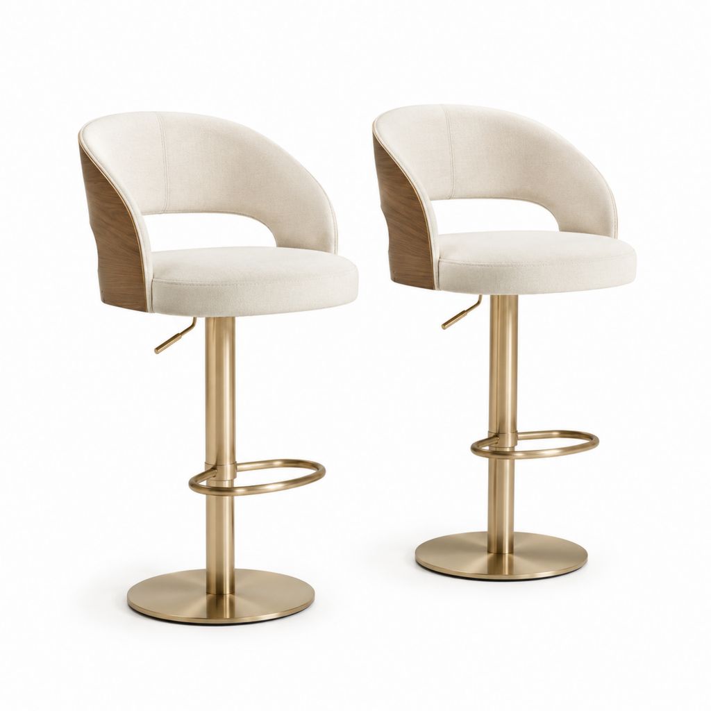 Set di 2 sgabelli da bar regolabili beige con rivestimento in poliestere e impiallacciatura di noce base rotonda dorata 50 x 52 x 88-108 cm
