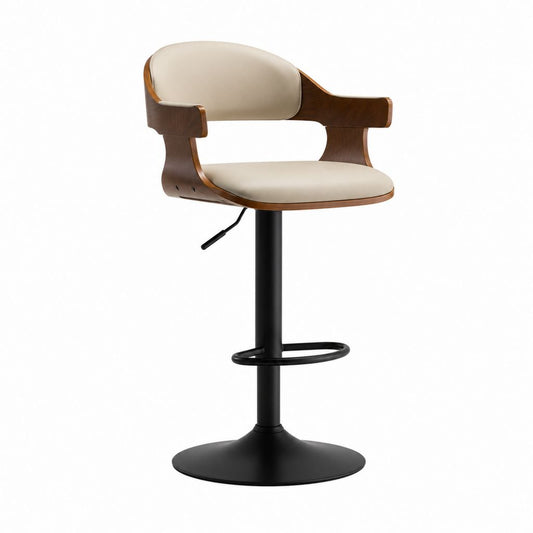 Sgabello da bar girevole regolabile beige in similpelle PU e compensato noce 55 x 52 x 94-114 cm