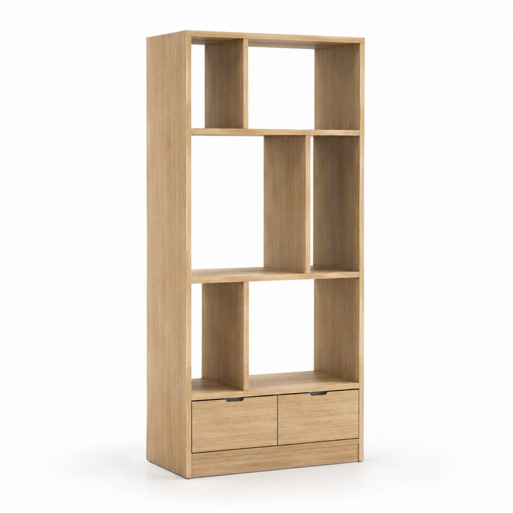 Libreria rettangolare a 6 vani con 2 cassetti rovere chiaro in pannello truciolare 80 x 30 x 180 cm