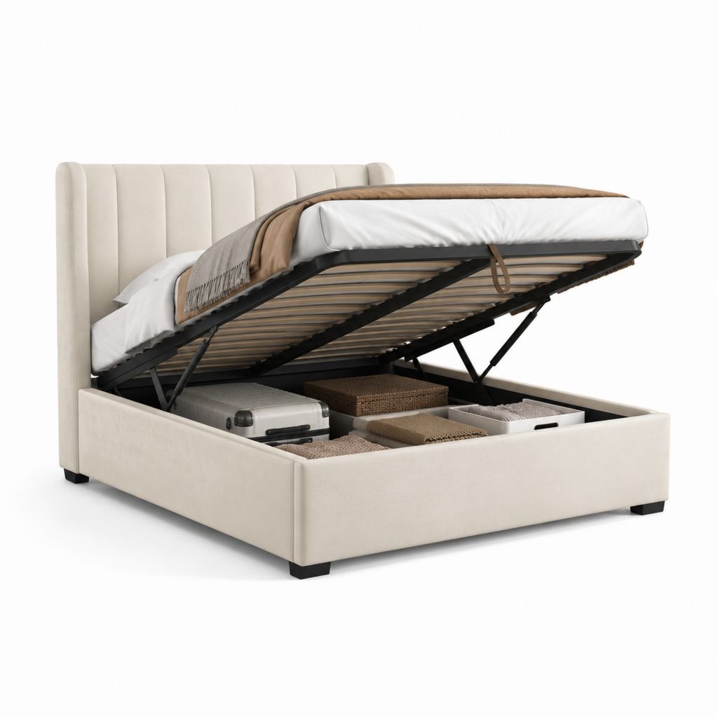 Letto contenitore matrimoniale beige in velluto di poliestere con rete a doghe 160 x 200 cm
