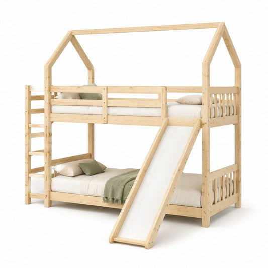 Letto a castello per bambini con scivolo in pino massello naturale a forma di casetta 90 x 200 cm 208 x 98 x 225 cm