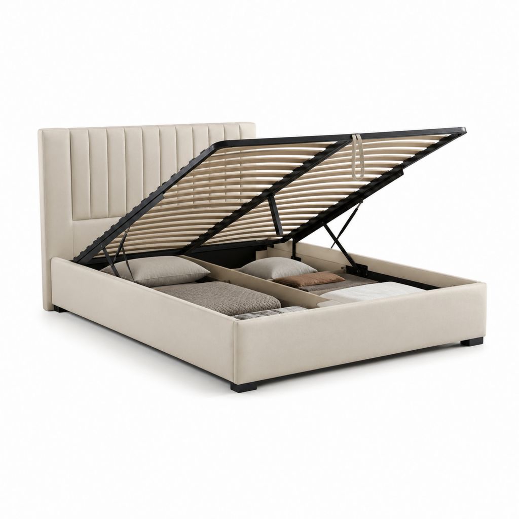 Letto contenitore matrimoniale beige in poliestere con testiera imbottita 160 x 200 cm