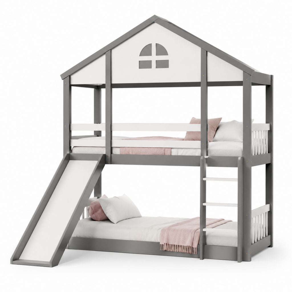 Letto a castello con scivolo grigio bianco in pino massello 90x200 cm