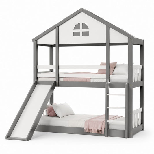 Letto a castello con scivolo grigio bianco in pino massello 90x200 cm