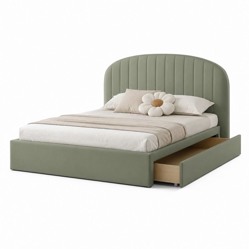 Letto contenitore matrimoniale verde salvia in PU 160 x 200 cm con testiera arrotondata imbottita