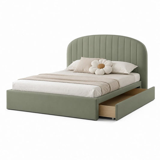 Letto contenitore matrimoniale verde salvia in PU 160 x 200 cm con testiera arrotondata imbottita